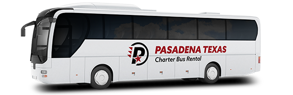 a plain white charter bus with a pasadena tx logo